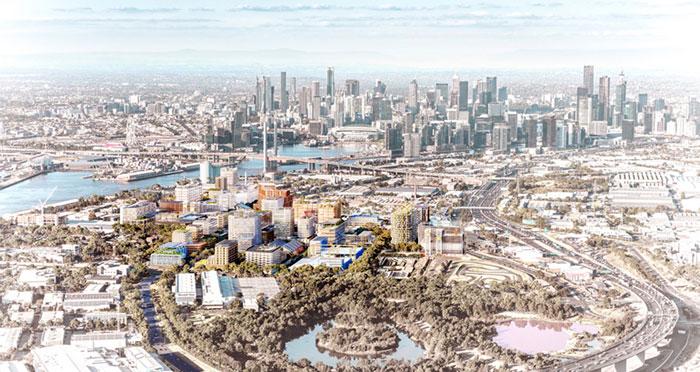 Aerial view of the Innovation Precinct in Fishermans Bend, approx. four kilometres from the CBD (digital render). Artists impression year 2050.